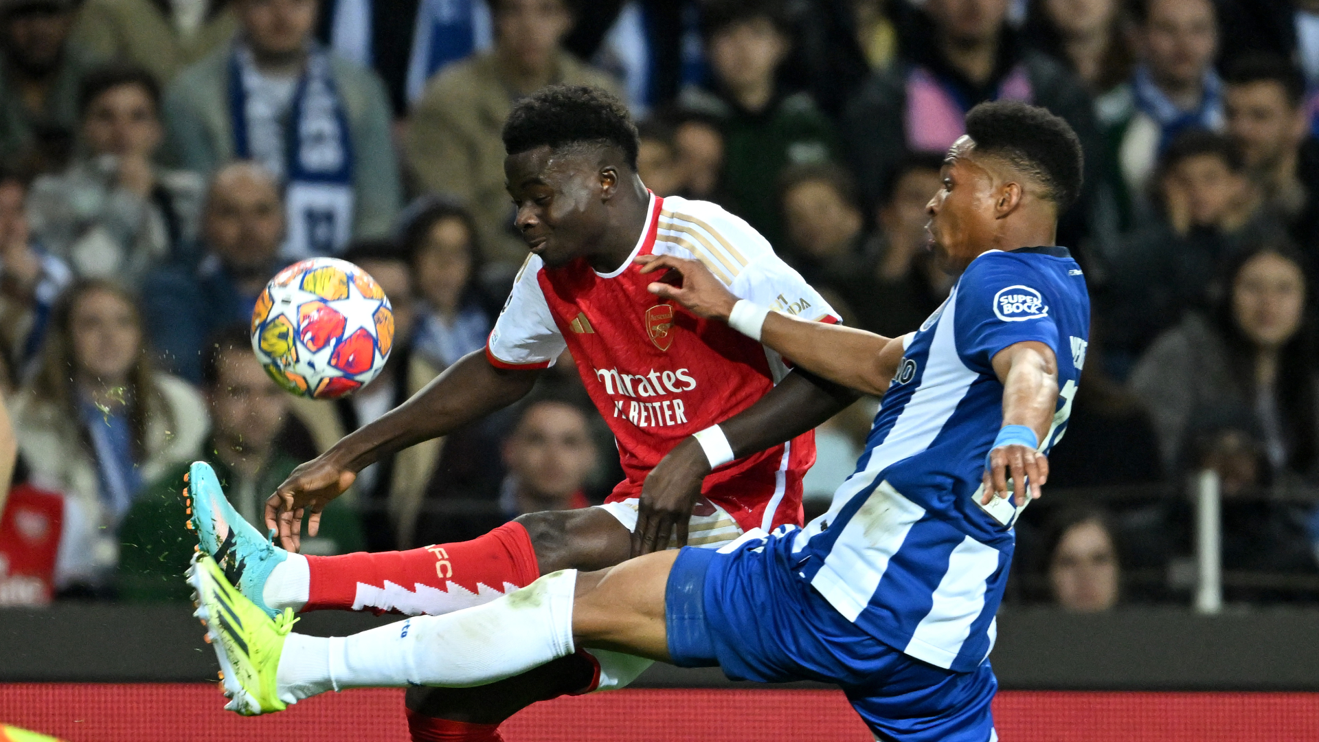 Bukayo Saka and Wendell Arsenal at Porto UCL 02212024 (Stuart MacFarlane/Arsenal FC via Getty Images)
