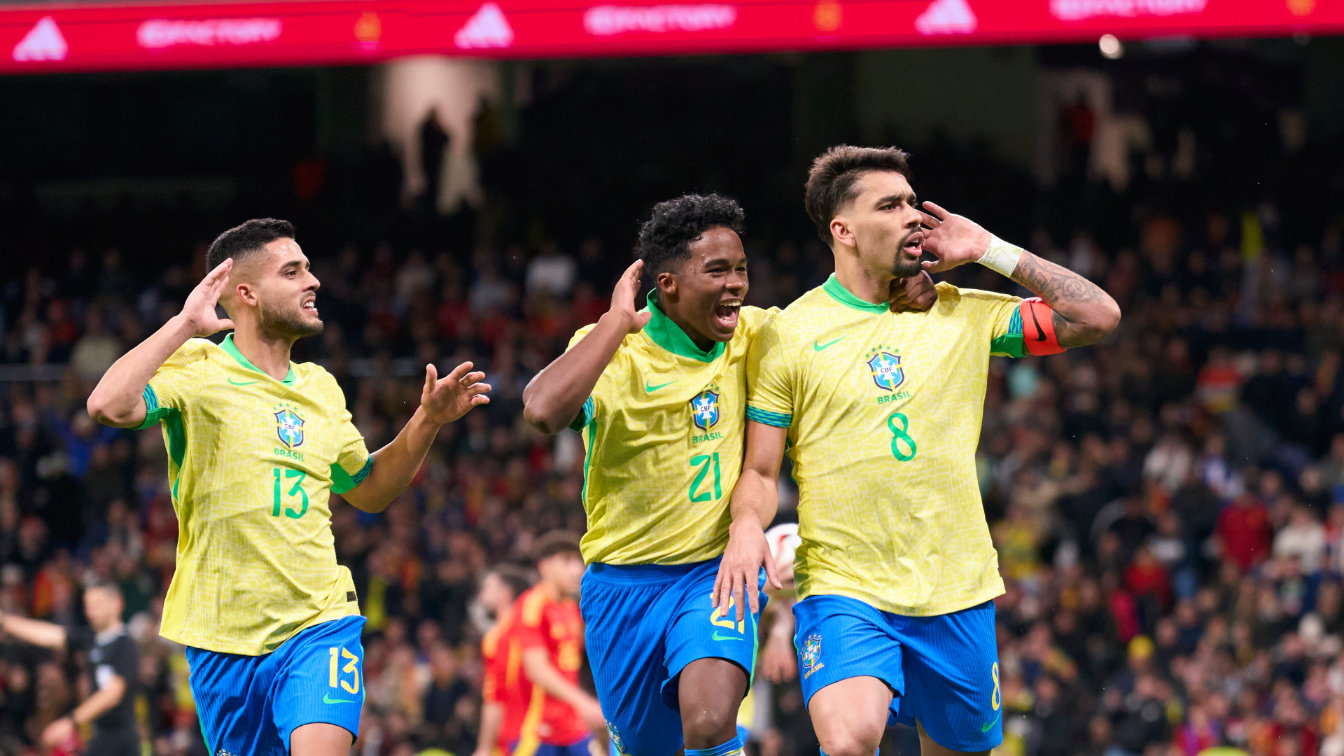Lucas Paqueta, Yan Couto and Endrick Brazil at Spain 03262024 (Mateo Villalba/Getty Images)